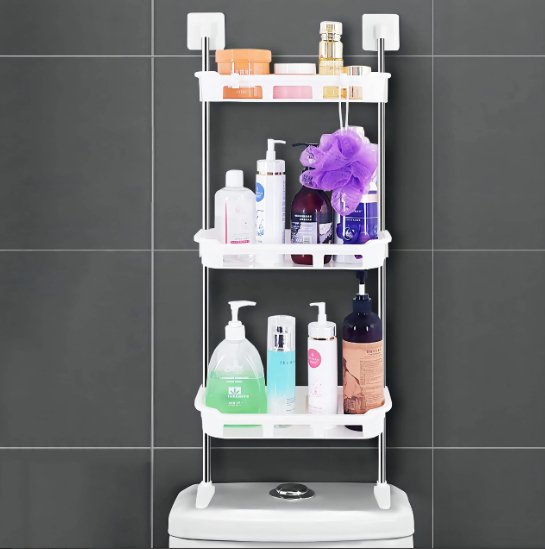 Hanging storage rack with bathroom essentials on wall-mounted 3-tier shelf for organized and stylish storage.