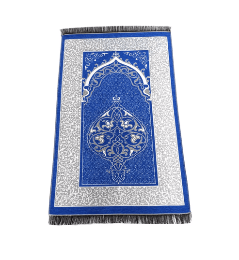 Ismani Prayer Mat – Soft & Elegant Premium Muslim Janamaz in blue and silver design, perfect for daily prayers.
