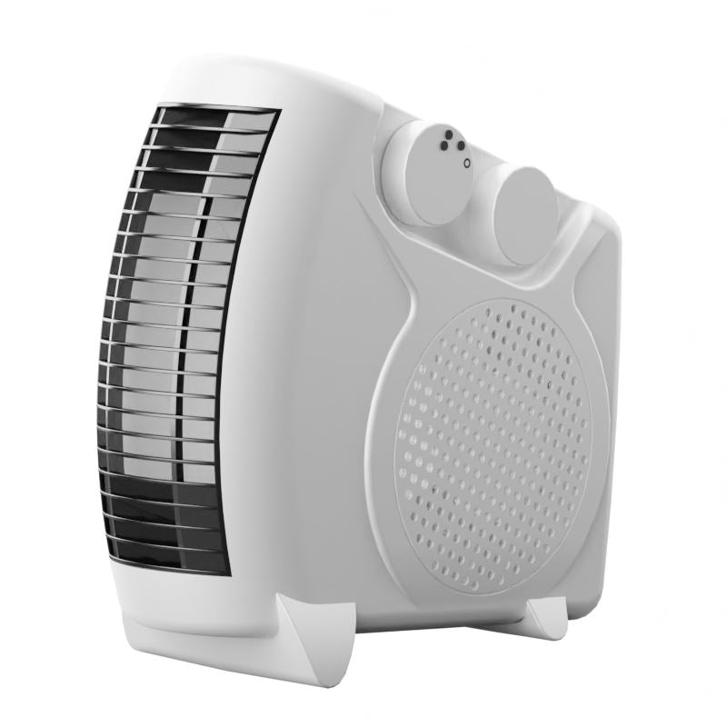 Portable fan heater on a bedside table, perfect for keeping warm in any room.