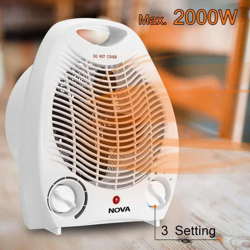 Portable fan heater Nova 2000W with adjustable thermostat and 3 settings for efficient heating.