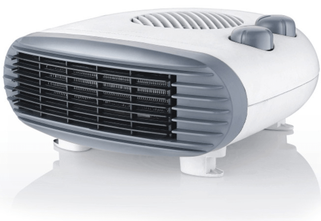 Portable fan heater on a bedside table, perfect for keeping warm in any room.