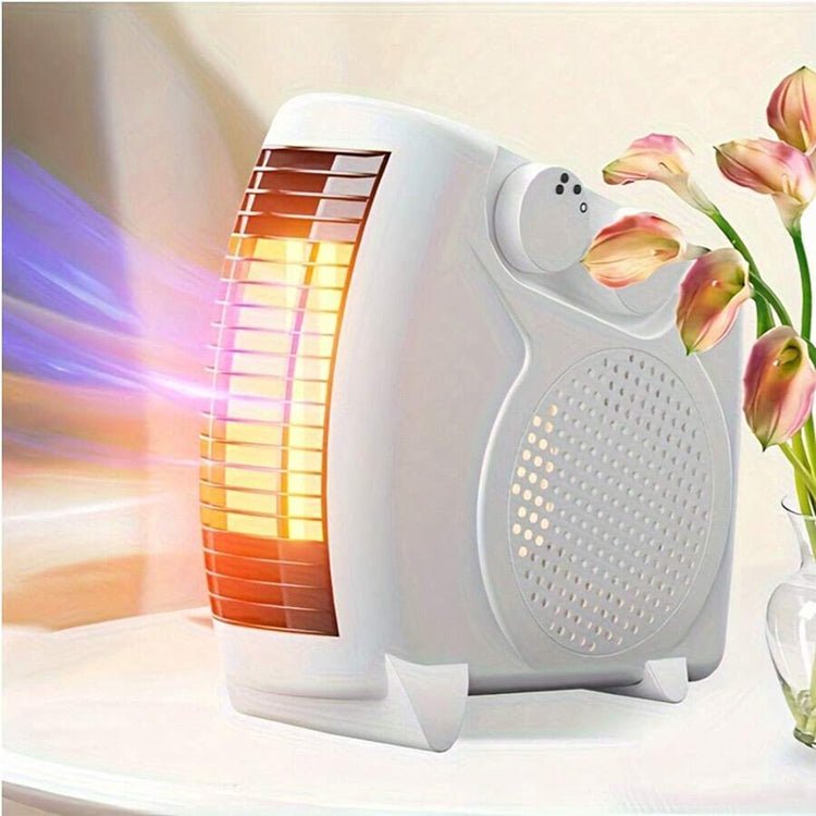 Portable fan heater emitting warm air with flowers in the background, perfect for cozy indoor spaces.