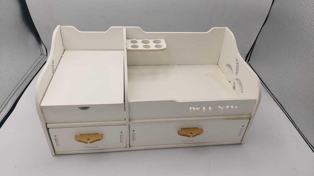 Wooden dressing organizer with multiple compartments for cosmetics and accessories.